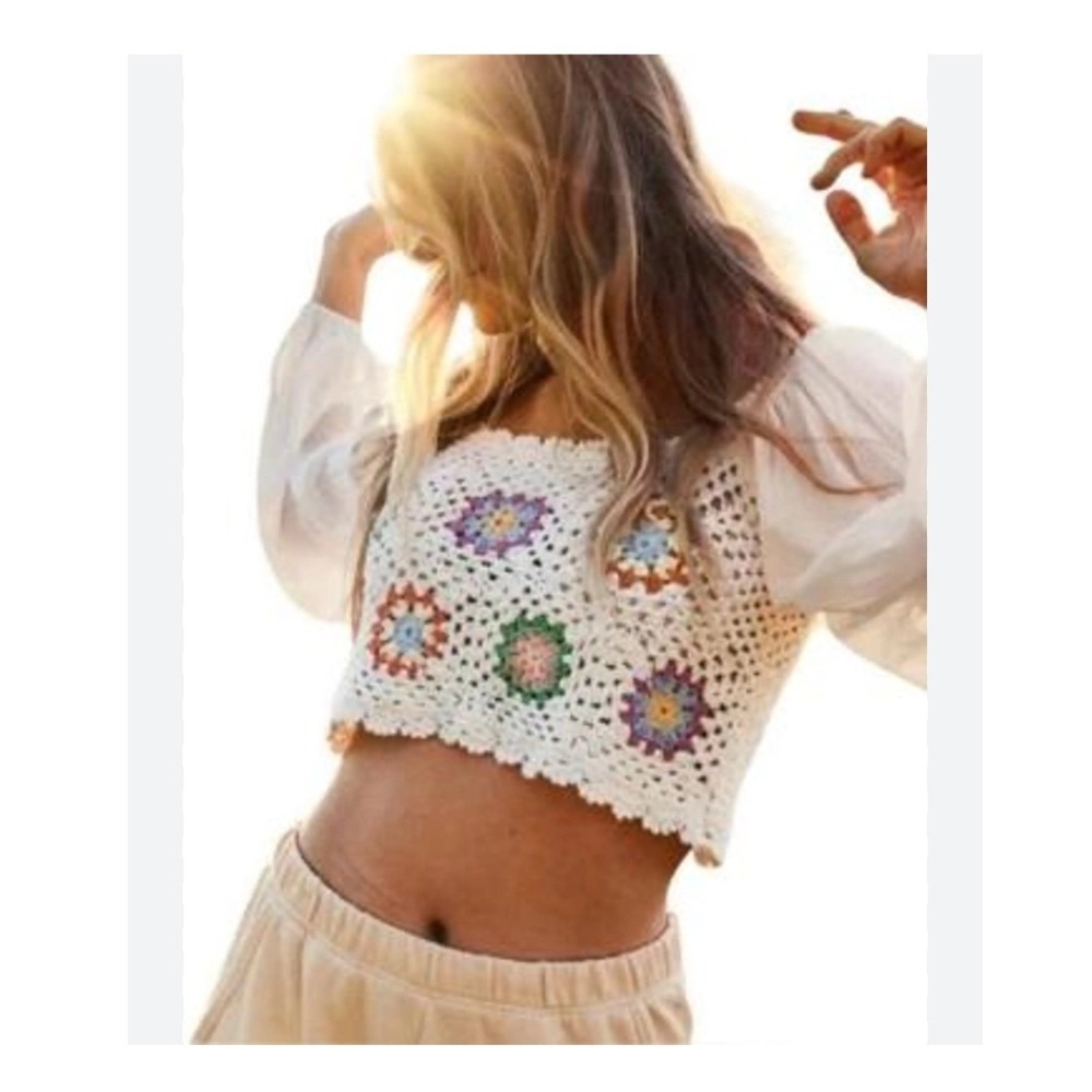 Aerie Crochet Granny Square Top Small White Long Sleeve Flowy Vacay Shirt Boho